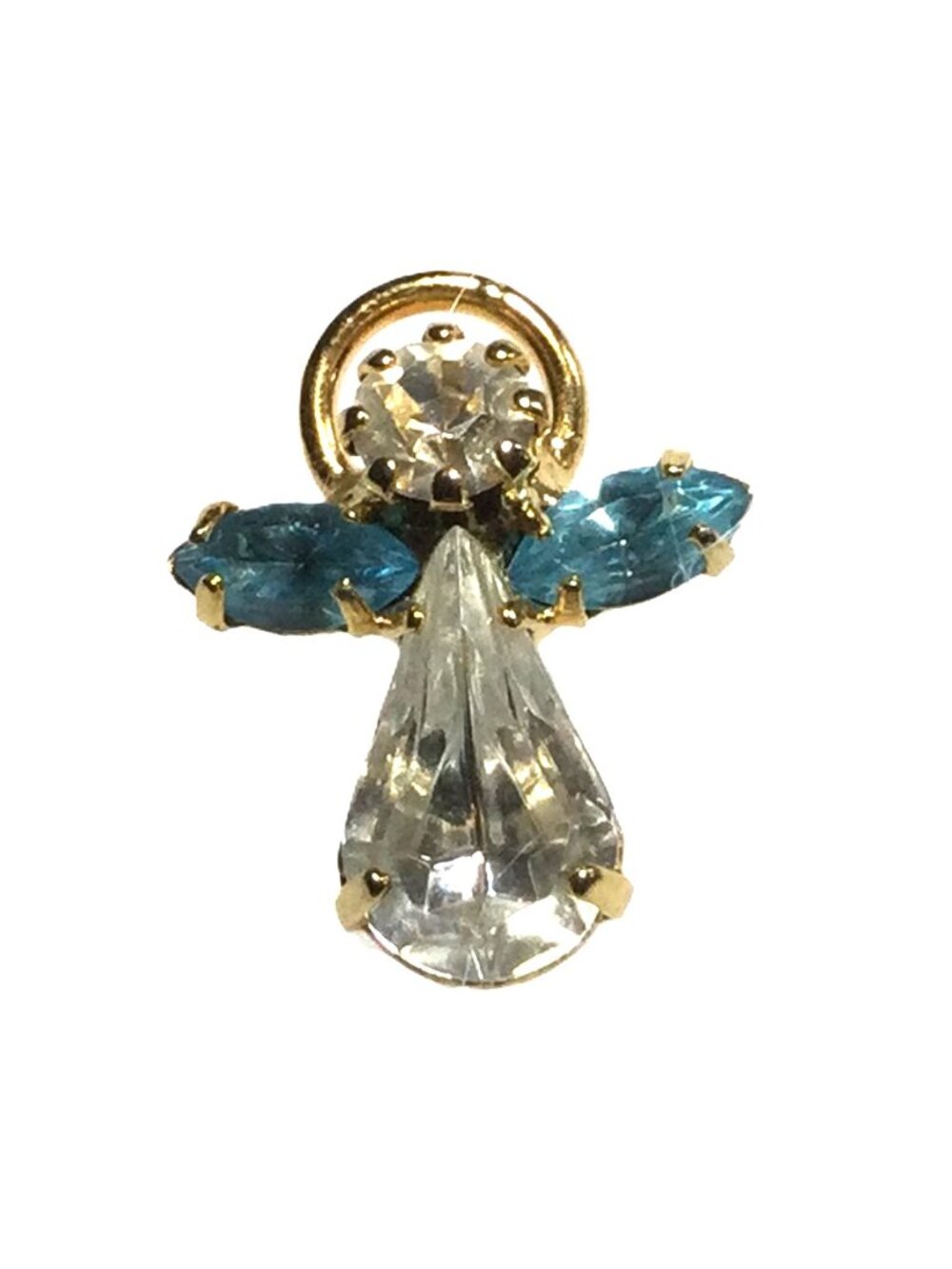 Vintage 1960s Birthstone Guardian Angel Lapel Pin‎ Gold Tone Rhinestone